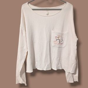 Daily Practice White Waffle Knit Embroidered "Keep Exploring" Long Sleeve Shirt